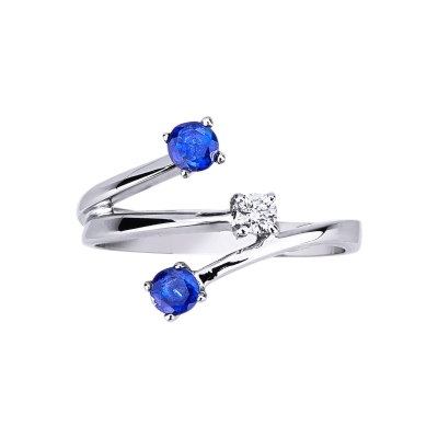 White gold 18k trilogy ring with blue sapphires and diamonds 