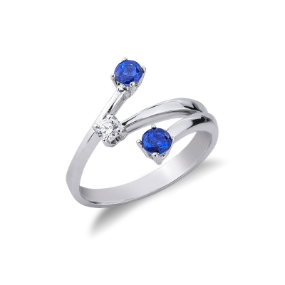 White gold 18k trilogy ring with blue sapphires and diamonds 