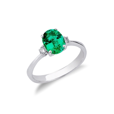 White gold 18k ring with emerald and one diamond on each side