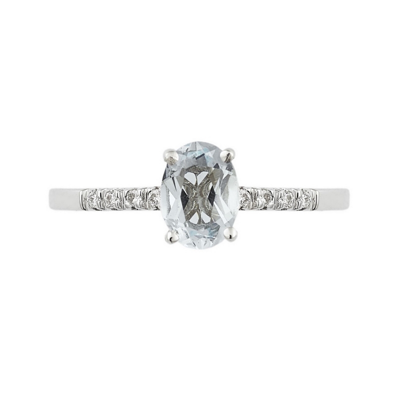 White gold 18k ring with a central aquamarine and diamonds shoulder set