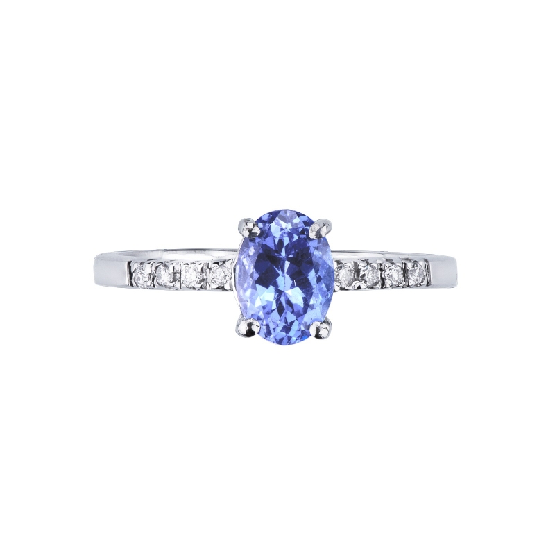 White gold 18k ring with diamonds shoulder set and a central tanzanite