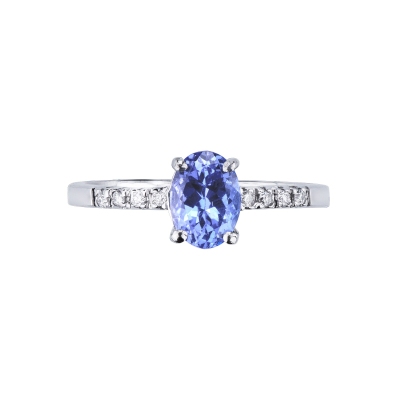 White gold 18k ring with diamonds shoulder set and a central tanzanite