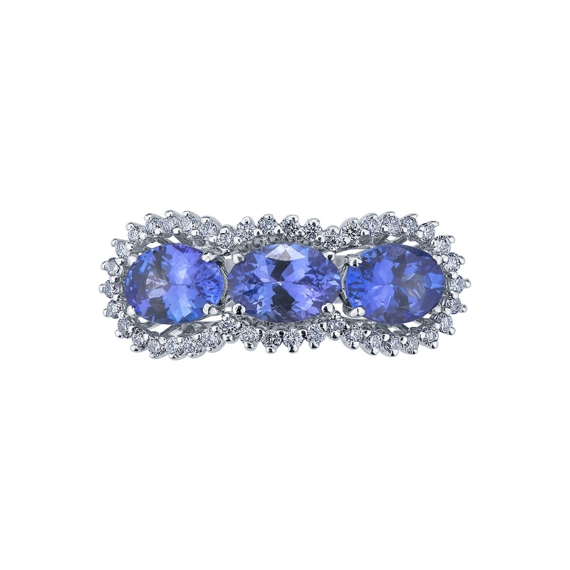 Trilogy ring in white gold 18k with diamonds and tanzanite 