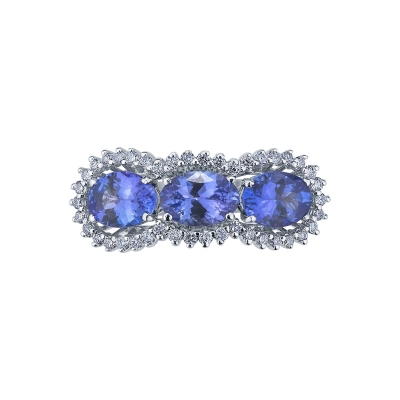Trilogy ring in white gold 18k with diamonds and tanzanite 