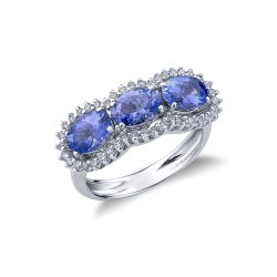 Trilogy ring in white gold 18k with diamonds and tanzanite 