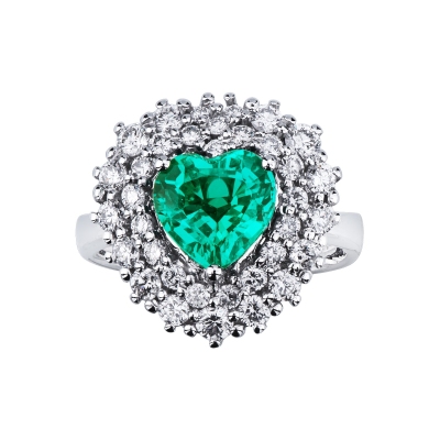 Halo Ring 18k White Gold with Diamond and Emerald heart cut