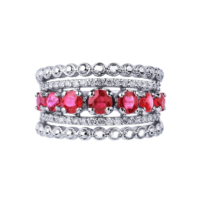 White gold 18k band ring with diamonds and rubies