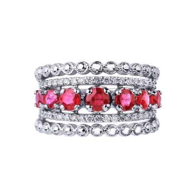 White gold 18k band ring with diamonds and rubies