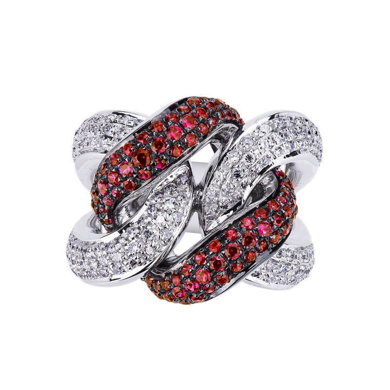 Groumette ring in white gold 18k with diamonds and rubies 