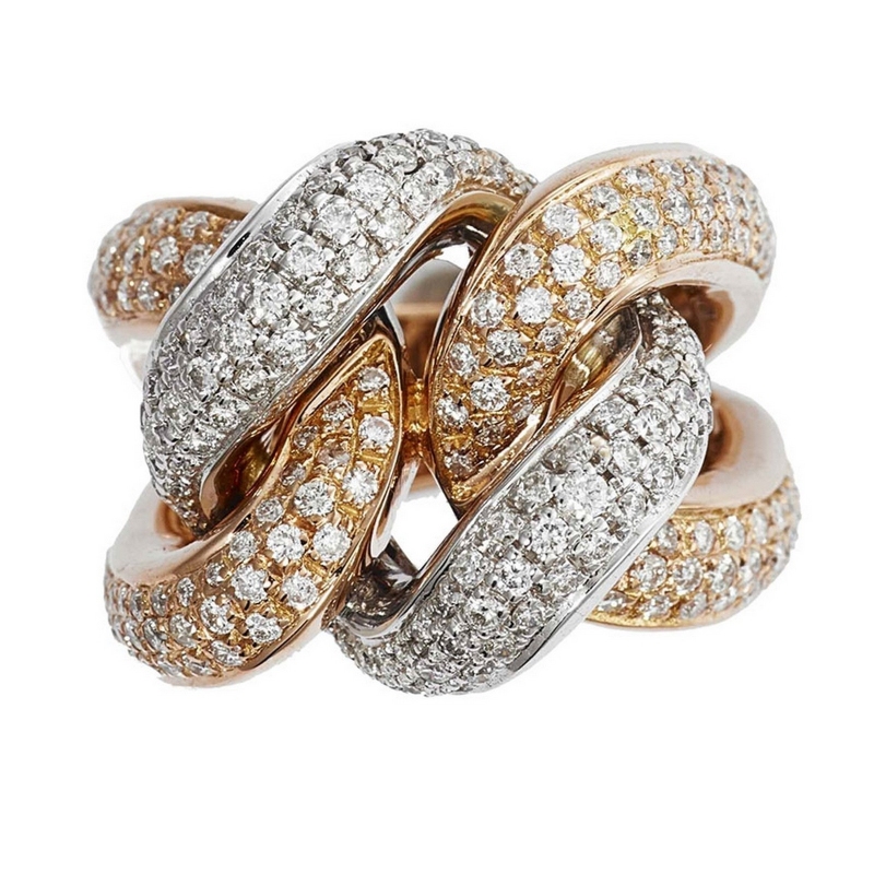 White and rosé gold 18k band knot ring with diamonds 