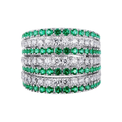 White gold 18k band ring with diamonds and emeralds 
