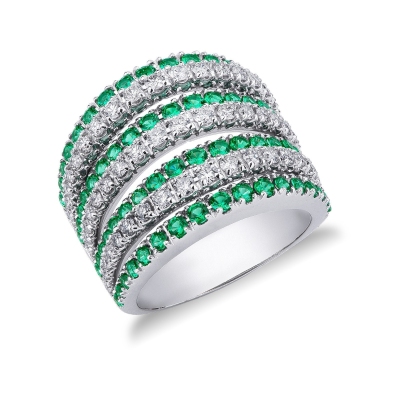 White gold 18k band ring with diamonds and emeralds 