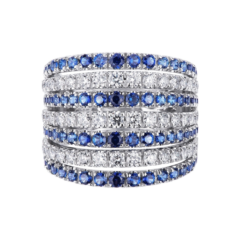 18k white gold band ring with blue sapphire and diamonds 