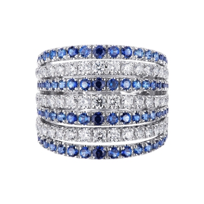 18k white gold band ring with blue sapphire and diamonds 