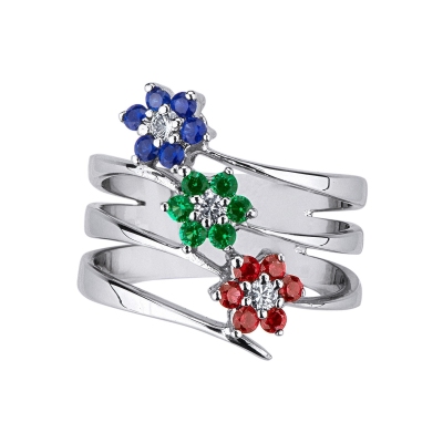Triple band ring in white gold with diamonds, emeralds, rubies and blue sapphires 