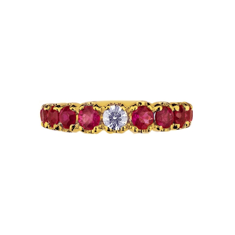 Yellow gold 18k half eternity ring with diamonds and rubies