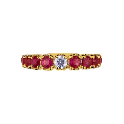Yellow gold 18k half eternity ring with diamonds and rubies