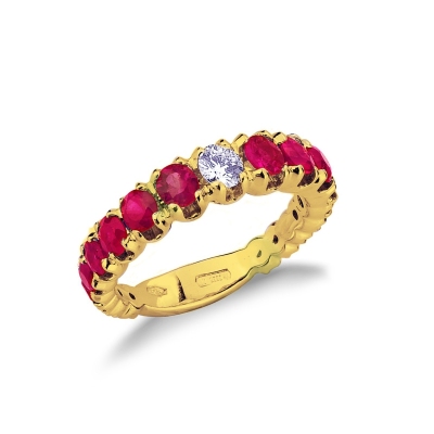 Yellow gold 18k half eternity ring with diamonds and rubies