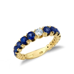 Yellow gold 18k ring with diamonds and blue sapphires 