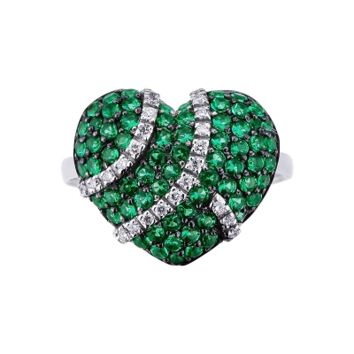 18k white gold ring with pavé of emeralds and diamonds heart shaped 