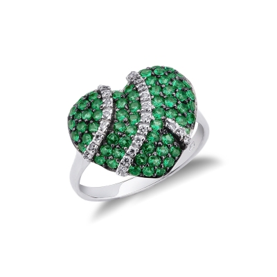 18k white gold ring with pavé of emeralds and diamonds heart shaped 