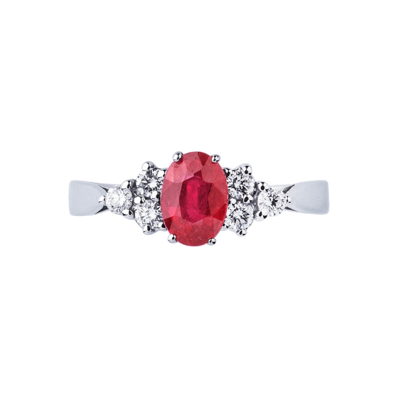 18k white gold with central ruby and three diamonds each side 