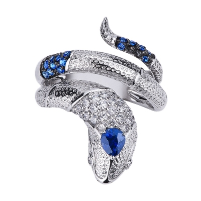18k white gold ring with a blue sapphire snake and diamonds 