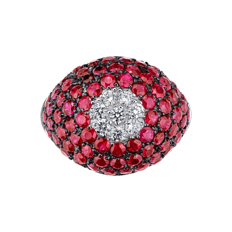 White gold 18k ring with pavé of rubies and diamonds 