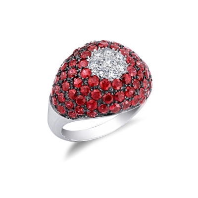 White gold 18k ring with pavé of rubies and diamonds 