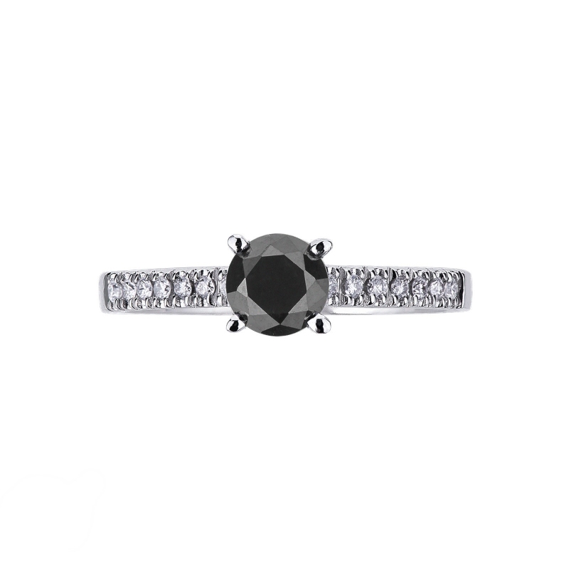 Solitaire ring with a central black diamond and white diamond shoulder set