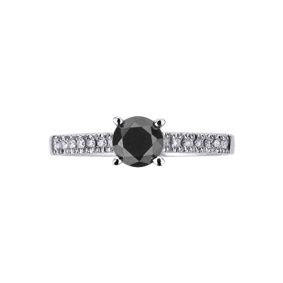 Solitaire ring with a central black diamond and white diamond shoulder set