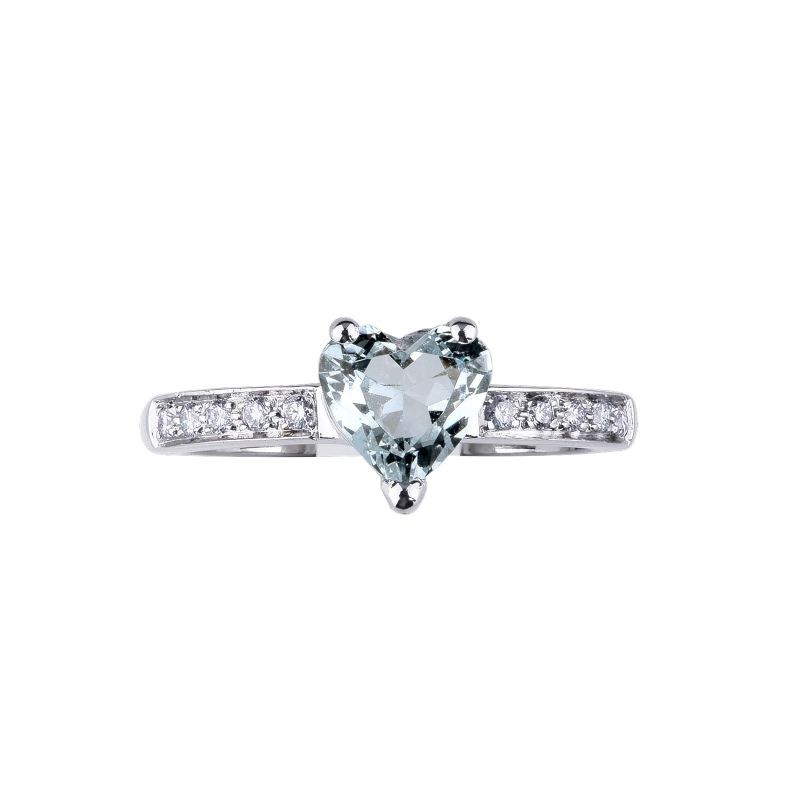 18k white gold with aquamarine heart cut and diamond shoulder set