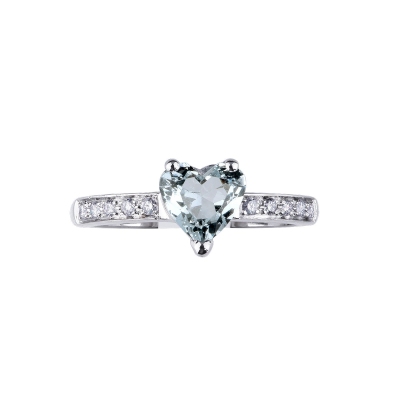 18k white gold with aquamarine heart cut and diamond shoulder set