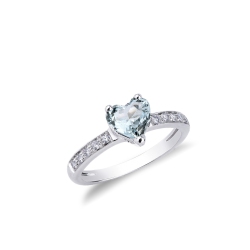 18k white gold with aquamarine heart cut and diamond shoulder set