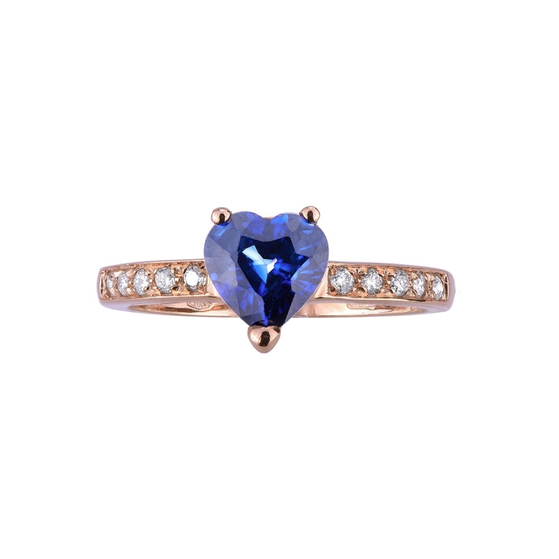 Rosé gold 18k ring with a blue sapphire heart cut and diamonds 