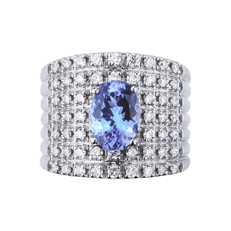18k white gold band ring with tanzanite and 7 rows of diamonds