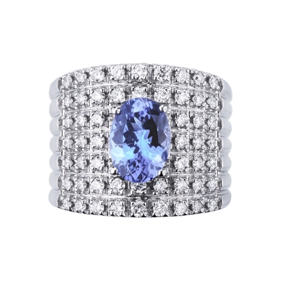 18k white gold band ring with tanzanite and 7 rows of diamonds