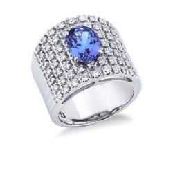 18k white gold band ring with tanzanite and 7 rows of diamonds