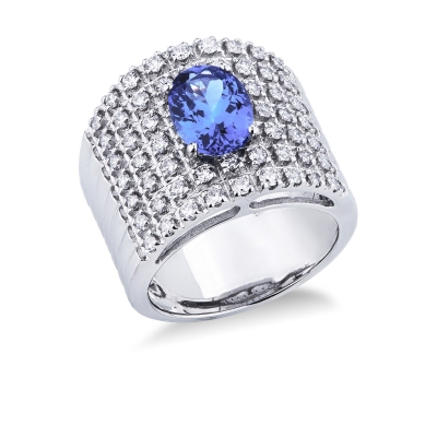 18k white gold band ring with tanzanite and 7 rows of diamonds