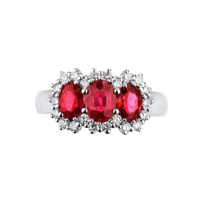 White gold 18k trilogy ring with diamonds and rubies