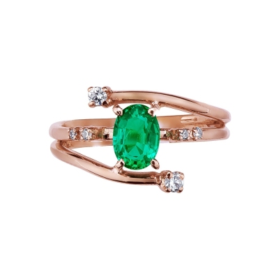 Rose gold 18k curved shank ring with central emerald and diamonds 