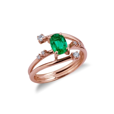 Rose gold 18k curved shank ring with central emerald and diamonds 