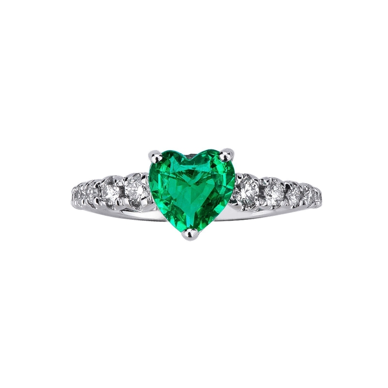 Band ring in white gold 18k with emerald heart cut and diamonds 