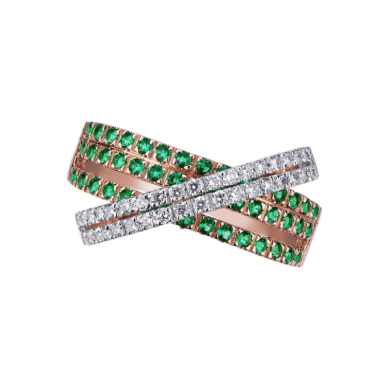 18k rosé and white gold ring with crossings of emeralds and diamonds 