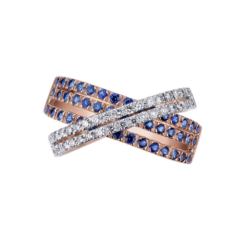 Rosé and white gold 18k criss cross ring with blue sapphires and diamonds 