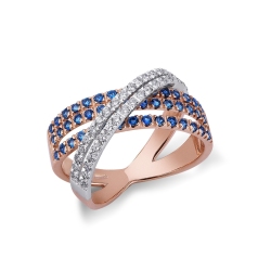 Rosé and white gold 18k criss cross ring with blue sapphires and diamonds 