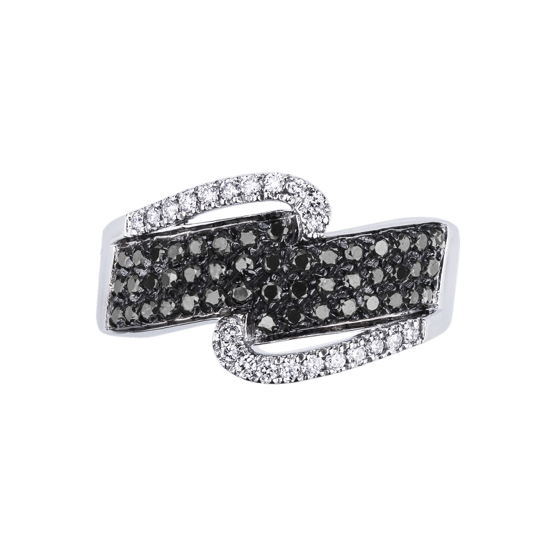 White gold 18k ring with black diamonds pavé and diamonds double row