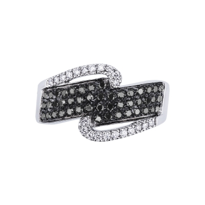 White gold 18k ring with black diamonds pavé and diamonds double row