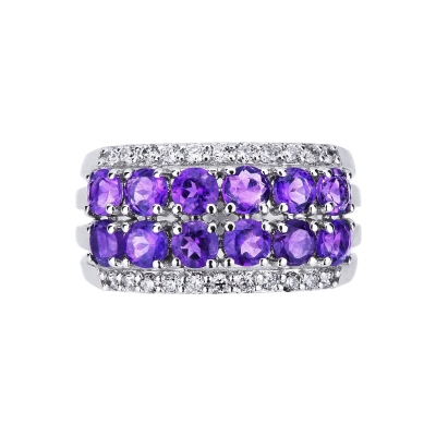 18k white gold band ring with amethysts and diamonds 