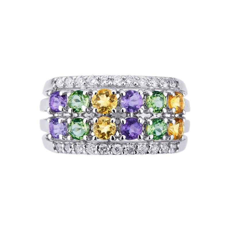 18k white gold band ring with citrine, diamonds, peridots and amethysts 